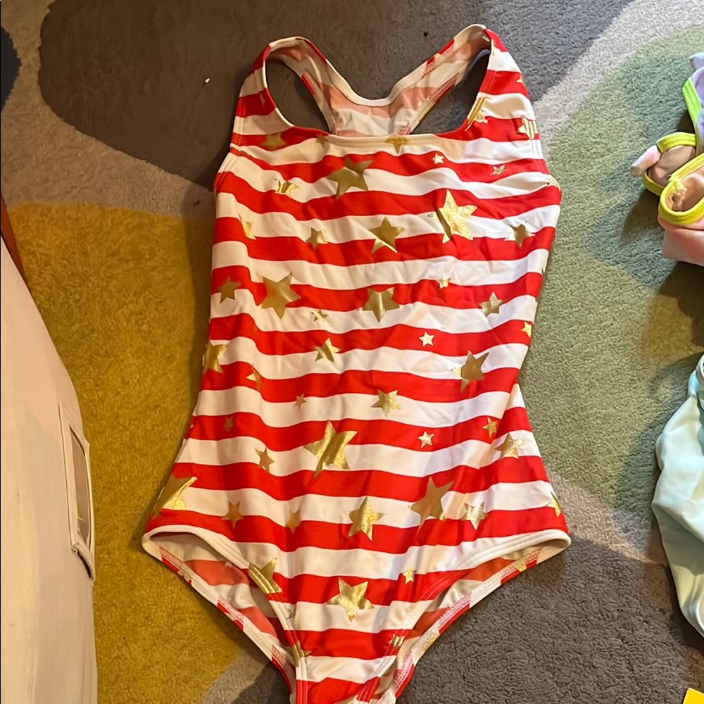 Boden Red and White Striped One Piece Swimsuit